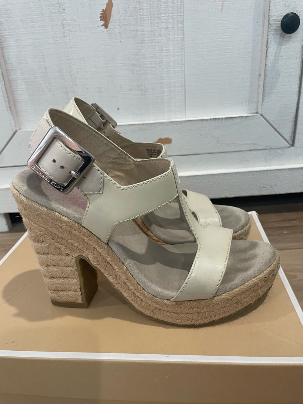 Michael Kors Cream Leather Espadrille Wedge Sandals with Buckle